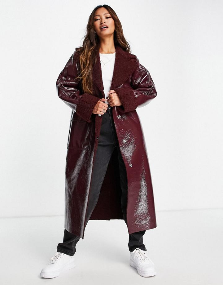 Topshop Vinyl & Sherpa Long Coat In Burgundy-red