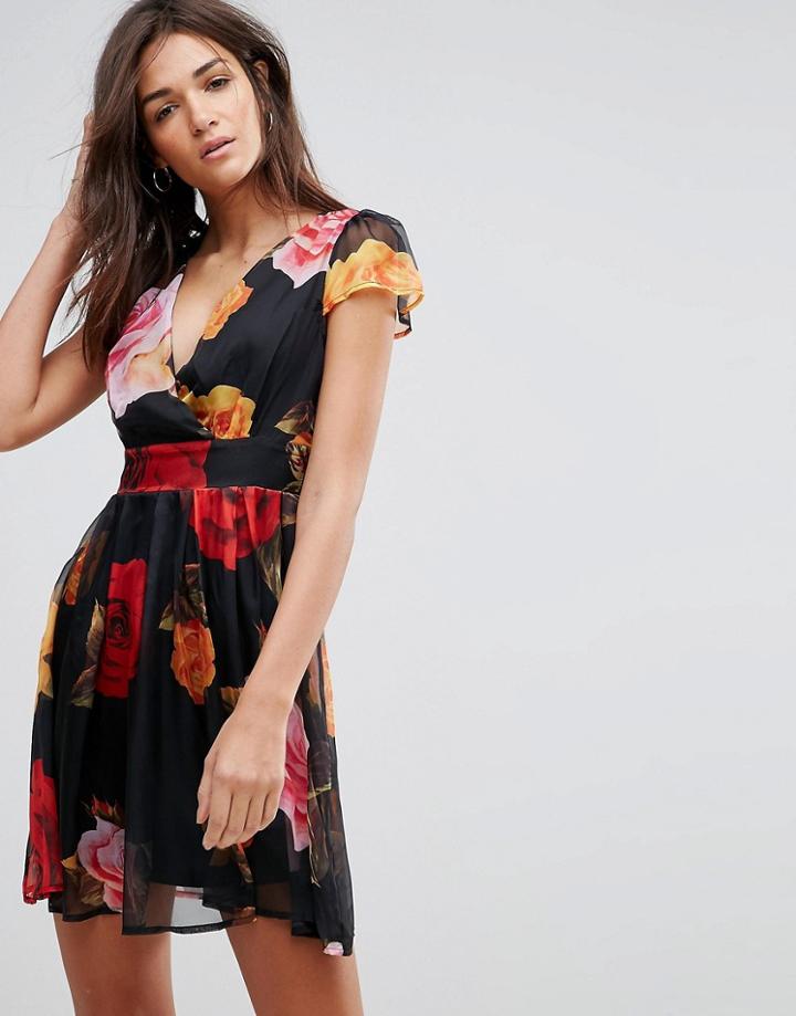 Pussycat London Bold Floral Print Skater Dress - Black