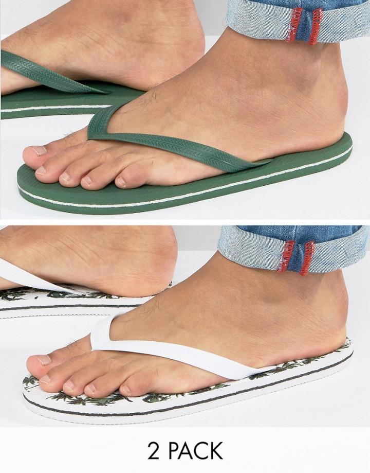 Asos Flip Flops 2 Pack In Green And Palm Tree Print Save - Multi