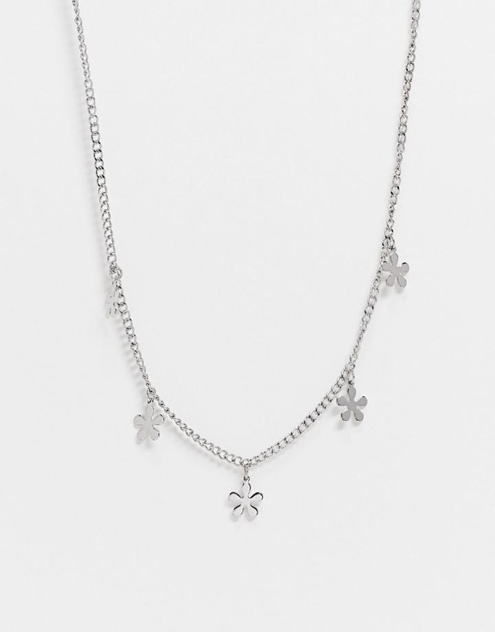 Asos Design Necklace With Flower Charms In Silver Tone