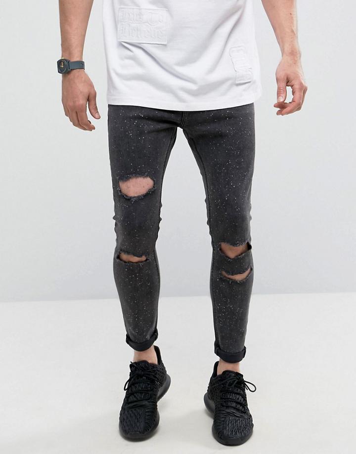 Bershka Super Skinny Jeans With Heavy Rips In Black - Black
