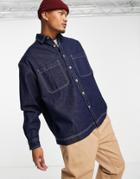 Asos Design Boxy Oversized Denim Shirt With Contrast Stitch In Indigo-blues