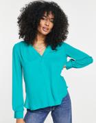 Asos Design Long Sleeve Blouse With Pocket Detail In Teal-blue