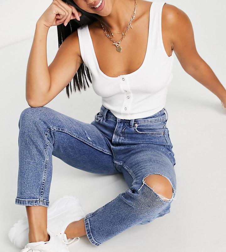 Stradivarius Petite Slim Mom Jeans With Stretch And Rips In Medium Blue-blues