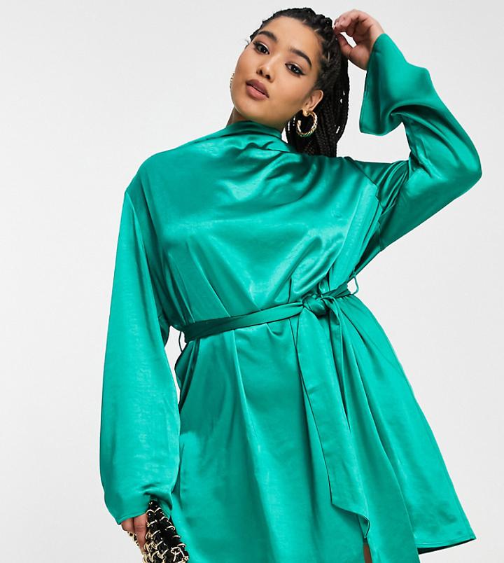 Pretty Lavish Curve Tie Waist Satin Mini Dress In Emerald Green