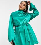 Pretty Lavish Curve Tie Waist Satin Mini Dress In Emerald Green