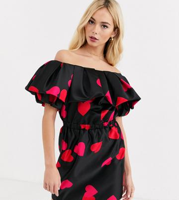 Flounce London Puff Sleeve Bardot Satin Mini Dress With Ruched Waist In Heart Print