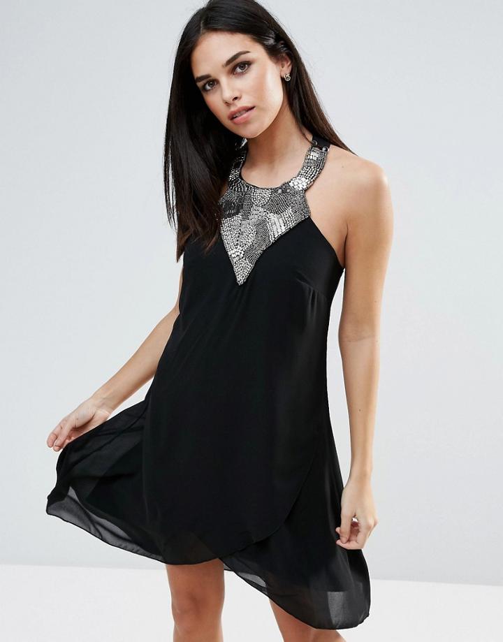 Little Mistress Embellished Neck Halter Dress - Black