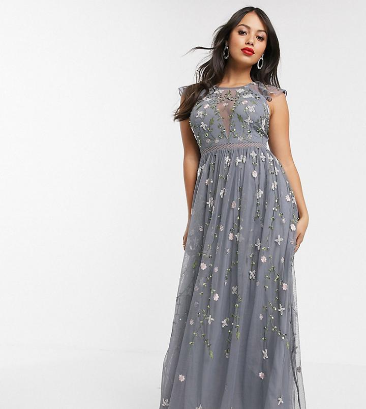 Asos Design Petite Pretty Embroidered Floral And Sequin Mesh Maxi Dress