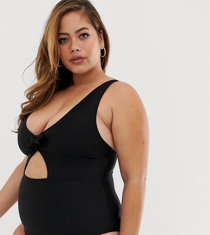 Wolf & Whistle Curve Exclusive Bunny Tie Cut Out Swimsuit In Black