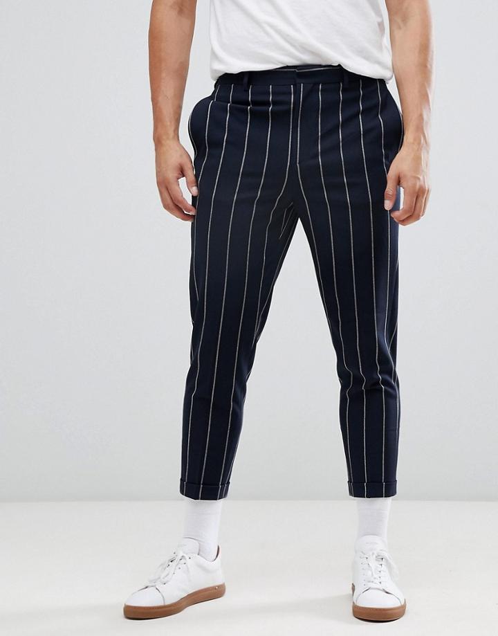 Asos Design Tapered Smart Pants In Navy And White Pin Stripe - Navy