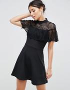 Asos High Neck Dress With Lace Frill Detail - Black
