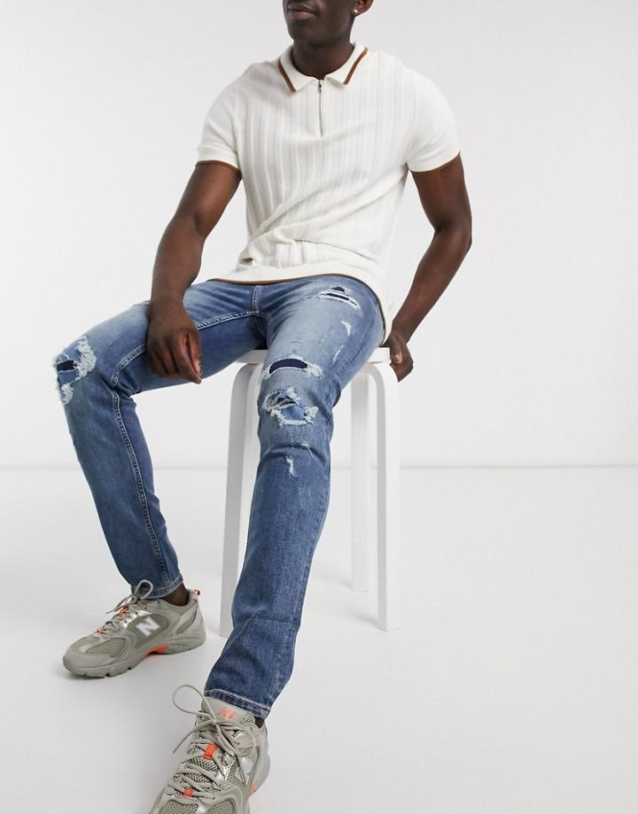 Topman Organic Cotton Blend Rip And Repair Stretch Skinny Jeans In Mid Wash-blue