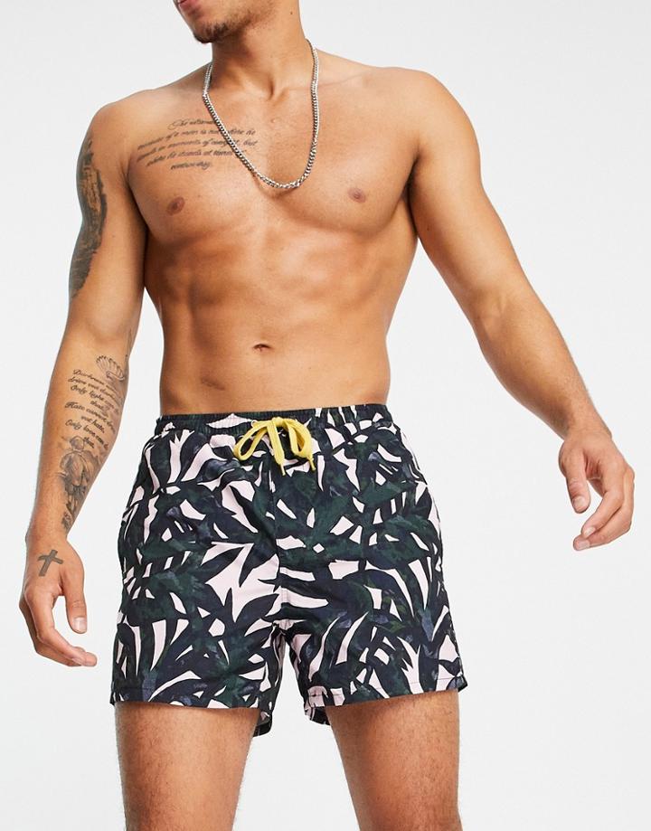 Only & Sons Leaf Print Swim Shorts In Khaki And Pink