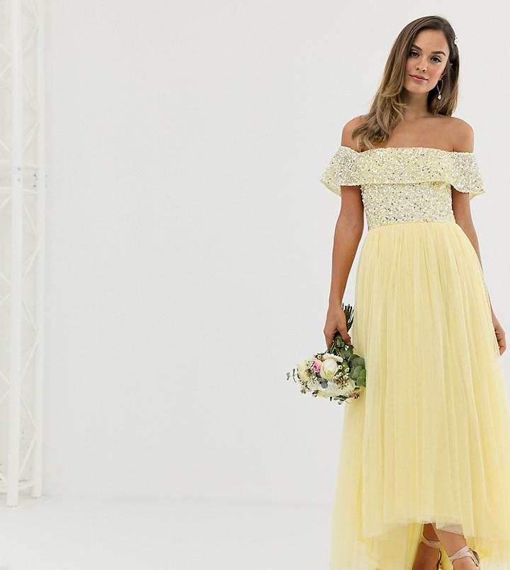 Maya Bridesmaid Delicate Sequin Bardot High Low Maxi Dress In Lemon-yellow