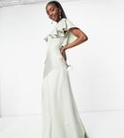 Asos Design Tall Bridesmaid Flutter Sleeve Satin Maxi Dress With Button Side Detail-green