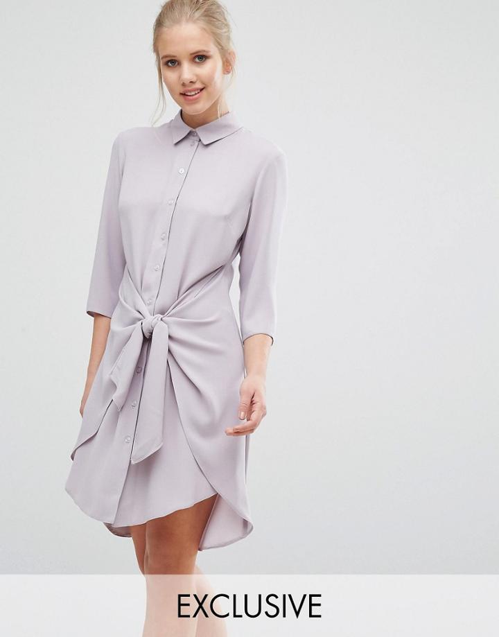 Closet Tie Front Dress With Long Sleeve - Brown