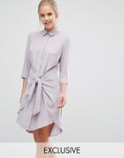 Closet Tie Front Dress With Long Sleeve - Brown