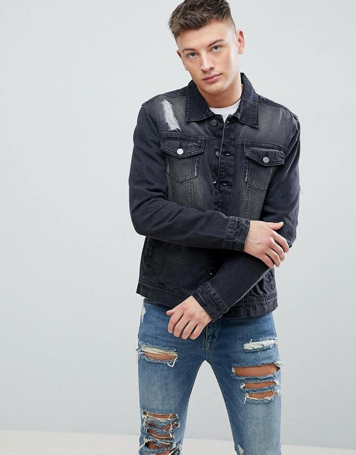 Hoxton Denim Washed Black Denim Jacket With Rips