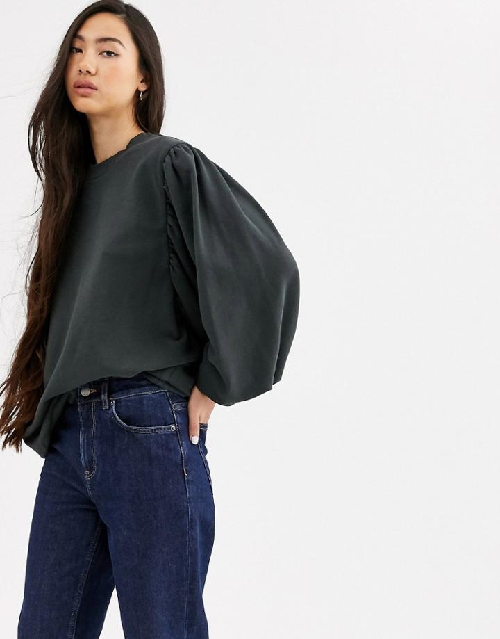 Weekday Charlee Balloon Sleeve Sweatshirt In Dark Green