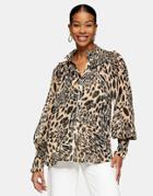 Topshop Animal Shirrred Blouse In Monochrome-black