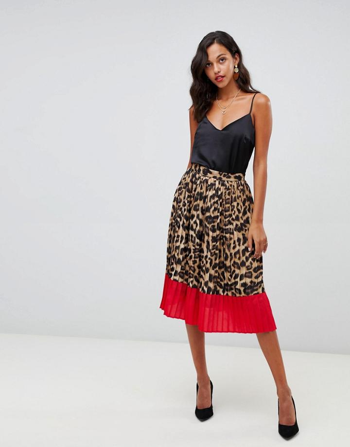 Liquorish Leopard Print Pleated Midi Skirt With Contrast Hem - Brown