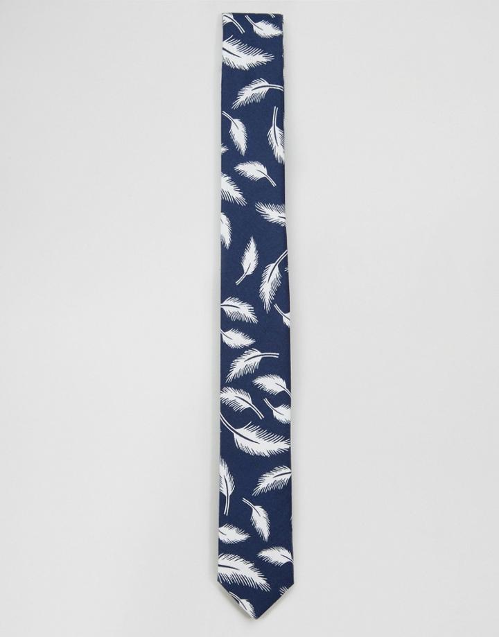 Noose & Monkey Skinny Tie Feather In Cotton - Navy