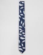 Noose & Monkey Skinny Tie Feather In Cotton - Navy
