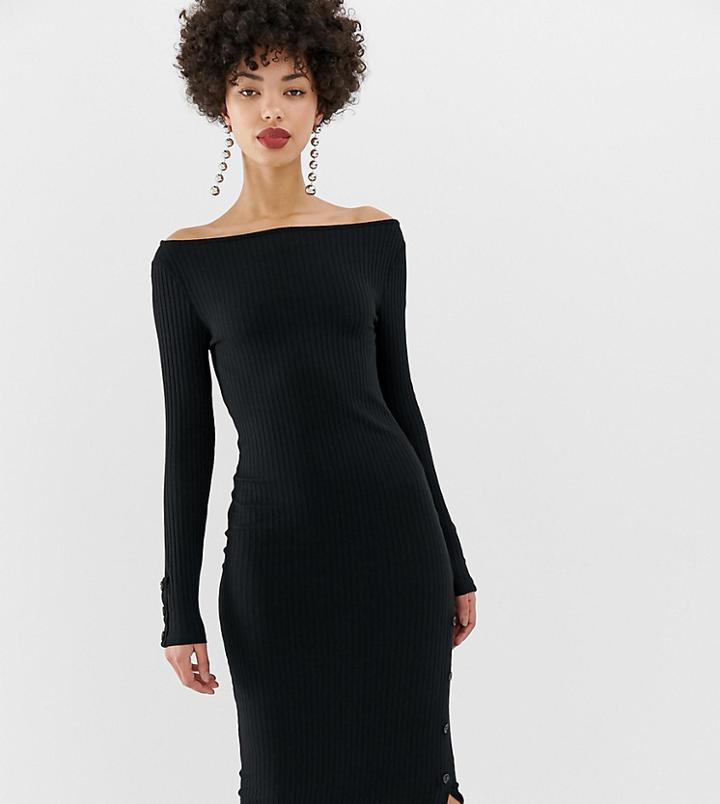 River Island Off The Shoulder Bodycon Dress With Popper Detail In Black - Black