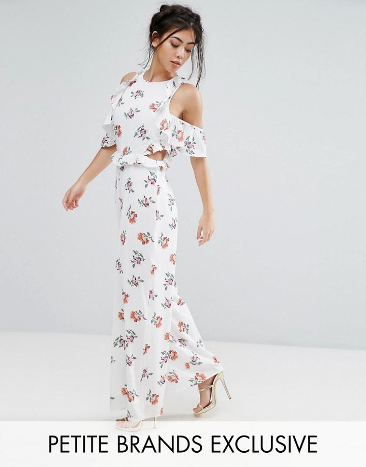 Fashion Union Petite Floral Printed Cold Shoulder Ruffle Jumpsuit - Multi