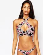Asos Fuller Bust Exclusive Cherry Blossom Print Moulded Cross Wrap Bikini Top Dd-f - Cherry Blossom Print