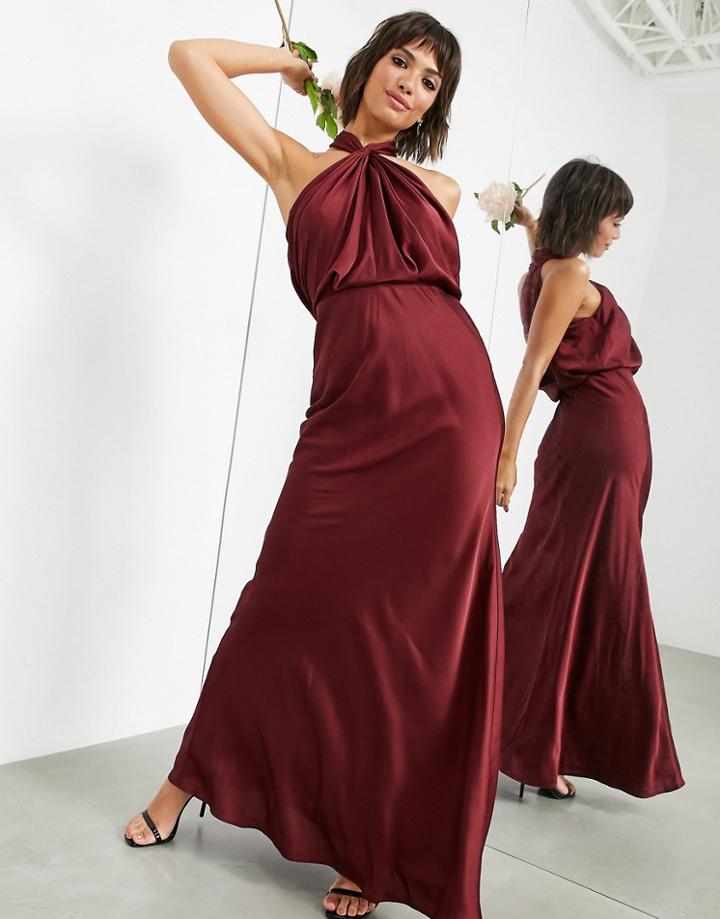 Asos Edition Satin Ruched Halter Neck Maxi Dress In Wine-red
