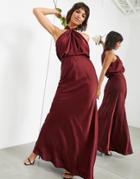 Asos Edition Satin Ruched Halter Neck Maxi Dress In Wine-red