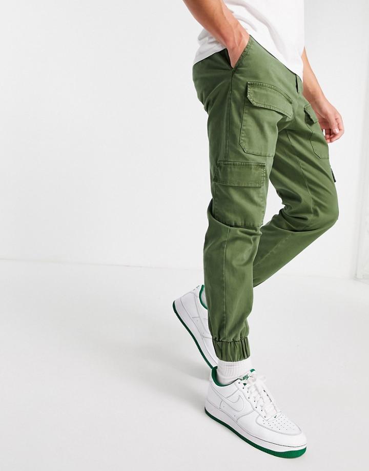 Asos Design Tapered Pants With Multi Pockets In Khaki-green