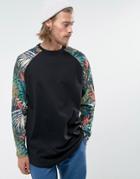 Asos Super Longline Long Sleeve Raglan T-shirt With Floral Sleeves And Curve Hem - Black