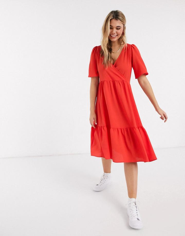 Monki Sandy Flutter Sleeve Midi Dress In Red