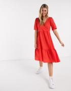 Monki Sandy Flutter Sleeve Midi Dress In Red