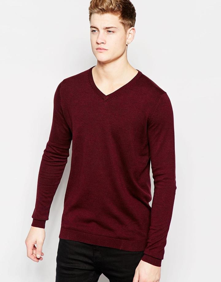 Jack & Jones Premium V Neck Knitted Jumper - Port