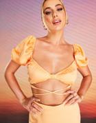 Asos Design X Millie Satin Crop Top With Puff Sleeves And Tie In Peach - Part Of A Set-pink