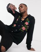 Asos Design Regular Revere Shirt In Floral Embroidery Chest Placement-black
