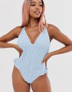 Asos Design Fuller Bust Strappy Back Frill Leg Swimsuit In Blue Gingham Print - Multi