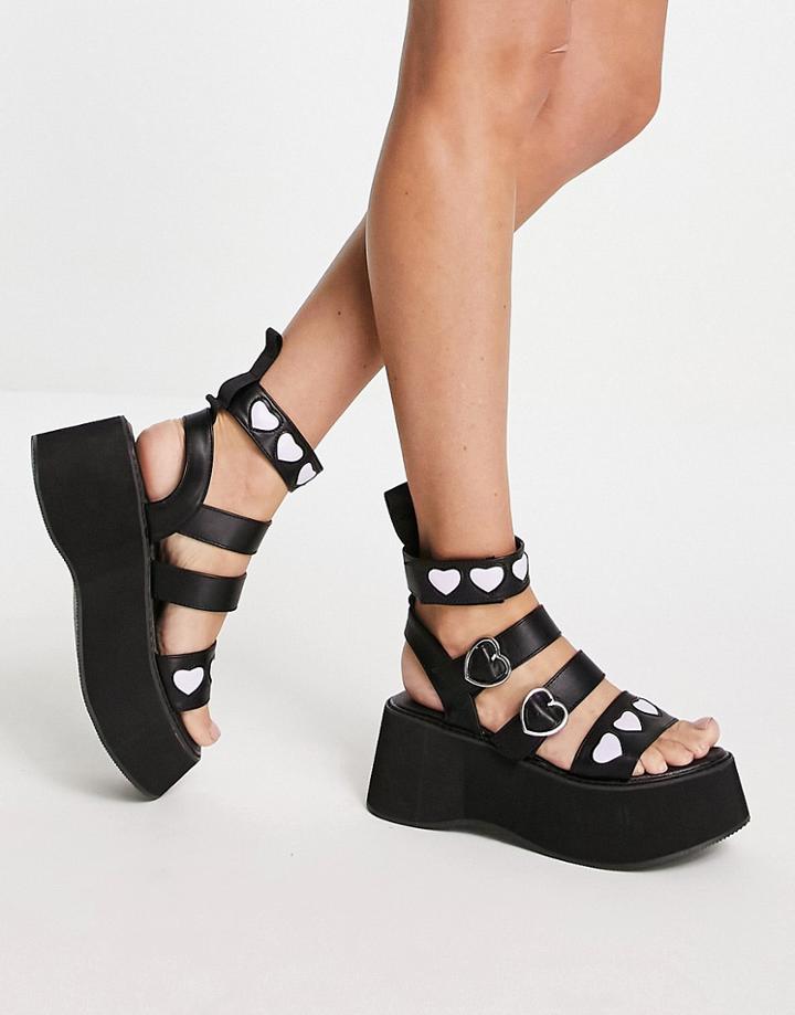 Koi Footwear Lovergirl Vegan-friendly Flatform Sandals In Black With 3d Hearts