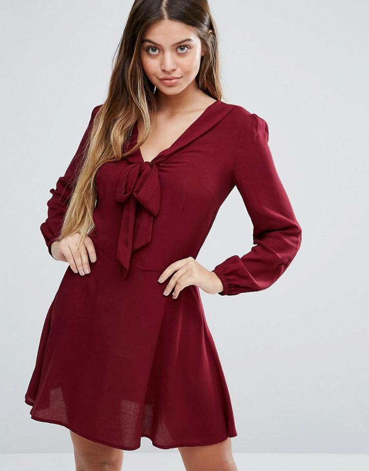 Unique 21 Pussybow Long Sleeve Skater Dress - Red