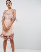 In The Style Tassel Cold Shoulder Lace Mini Dress - Pink