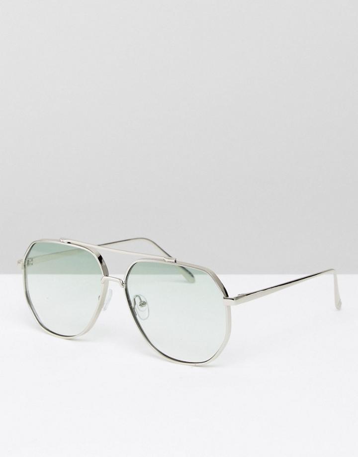 Asos Angular Hexagon Aviator Sunglasses With Pale Green Lens - Silver