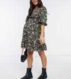 New Look Maternity Wrap Front Mini Dress In Black Floral Pattern