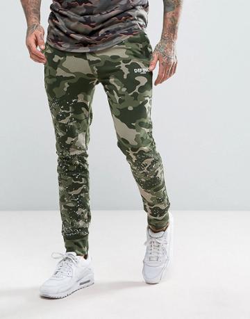Defend London Camo Skinny Joggers With Paint Splatter - Green
