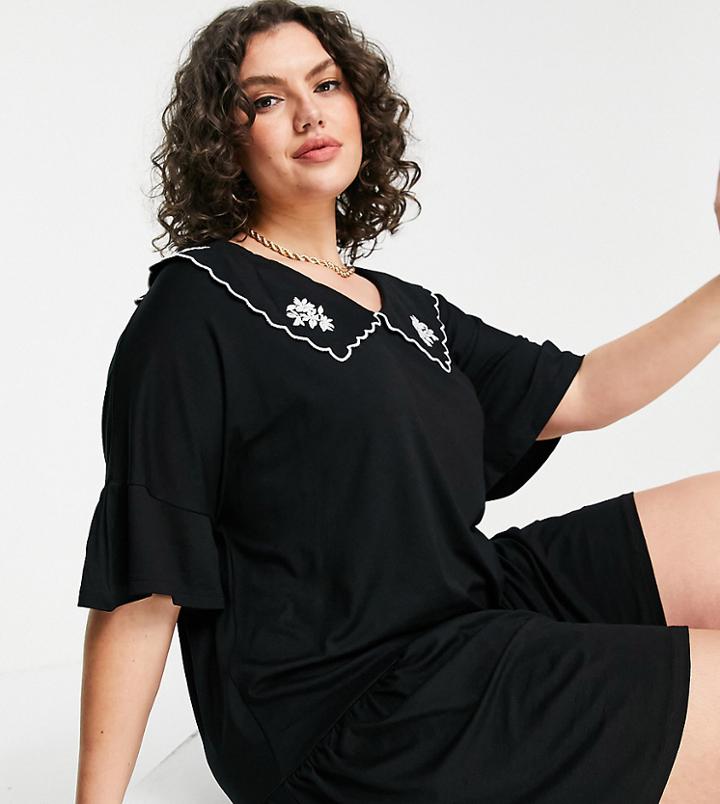Violet Romance Plus Jersey Smock Dress With Embroidered Collar In Black