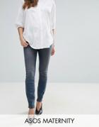 Asos Maternity Lisbon Skinny Mid Rise Jean In Dita Tinted Mid Wash With Reverse Stepped Hem - Blue