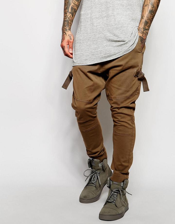 Asos Drop Crotch Joggers In Cropped Length With Taping - Light Brown
